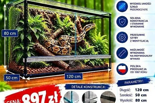 Terrarium szklane 120x50x80 cm – szkło 6 mm – producent Trans-Glass