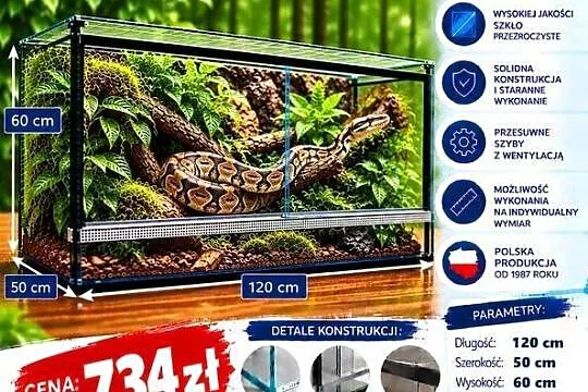 Terrarium szklane 120x50x60 cm – szkło 6 mm – producent Trans-Glass