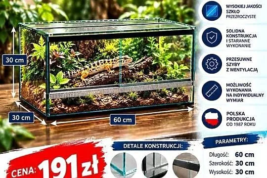 Terrarium szklane 60x30x30 cm – szkło 4 mm – producent Trans-Glass