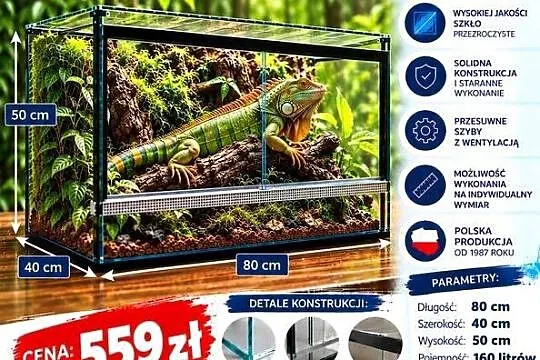 Terrarium szklane 80x40x50 cm – szkło 6 mm – producent Trans-Glass