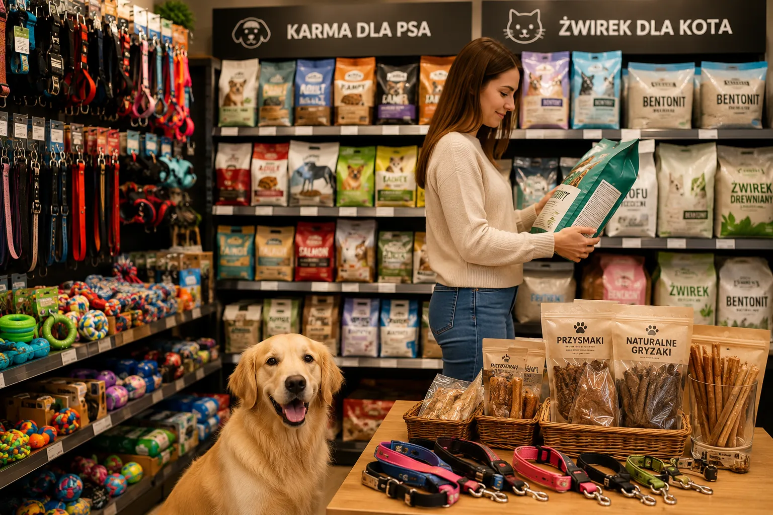 Sklep zoologiczny z psem i produktami